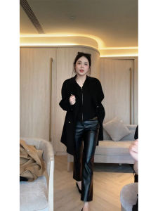 Elegant Black Elastic Protein Leather Straight Leg Pants High Waist Casual Long Trousers Slimming Winter High-End Feel