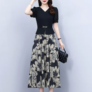 Elegant Summer Dress Womens A-Line Midi Skirt Slimming Belly Covering Fake Two-Piece High-End Feeling Mommy Summer Wear