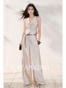 WANGXO | Bộ Quần Dài Ống Rộng Nếp Li và Áo Không Tay V-Neck Lấp Lánh Sang Trọng