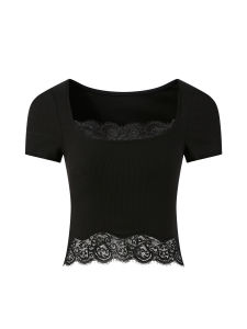 Áo Thun Ren và Sọc Cổng Co Ôm Body Tay Ngắn