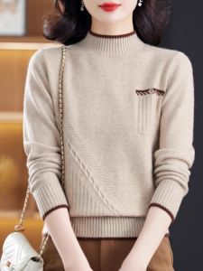 เสื้อสเวตเตอร์ถักแบบสวมหัวสำหรับผู้หญิง ทรงหลวม ปกสูงครึ่งตัว แขนยาว ความหนาปกติ สำหรับใส่ในฤดูหนาว สวมใส่สบาย เสื้อชั้นในอบอุ่น