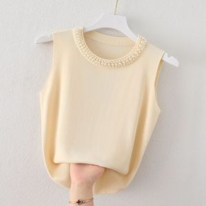 Áo Ba Lỗ Lụa Băng Mùa Hè Cho Nữ Áo Ngắn Không Tay Dệt Kim Áo Sơ Mi Màu Trắng Đơn Giản Thời Trang Thường Ngày Mặc Trong