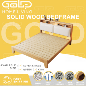 GOLDEN Solid Wood Bed Frame With Headboard Soft Package Super Single/Queen/King Bed Kayu Asli Wooden Bed Katil Rangka实木床