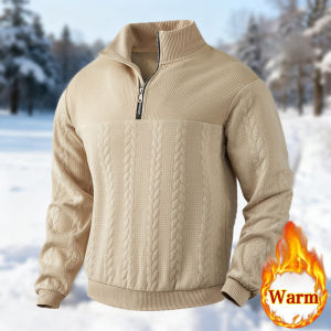 Mens Casual Long-Sleeved Sweater Stand-up Collar Zipper Pullover Loose Knitted Jacquard Top for Business/ Leisure Autumn/Winter