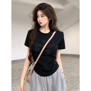 Korean Style Short Sleeve T-Shirt Womens Summer New Folded Neckline Embroidered Slim Fit Short Length round Neck Top