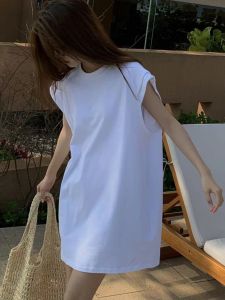 Rộng Rãi Fit Mid Length Trắng Cotton Vải Bông Áo Thun Đầm Thiết Kế Mùa Hè Thoải Mái Dài  Áo Hai Dây Váy Phong Cách Hàn Quốc Đi Lại Màu Nguyên Chất Loại H