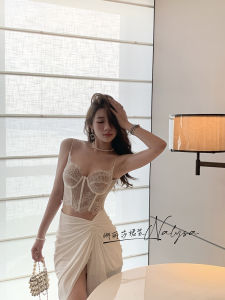 Nalyza Lace Halter Top High Waist Fishbone Split Skirt Set Evening Gown Two Piece Suit Asymmetrical Soft Fabric Wrap around Skirt