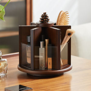 กล่องเก็บของแบบหมุนได้สำหรับเครื่องสำอางและผลิตภัณฑ์ดูแลผิว ชั้นวางเครื่องสำอางแบบไม้สไตล์ย้อนยุค ชั้นวางของแบบลิ่ม