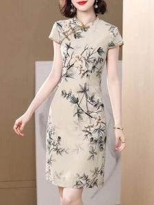 Young Fashionable Summer New Chinese Style Mom Chiffon Dress Wind Retro Improved Version Womens Dress Elegant Printed Midi Skirt