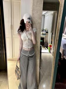 Quần Ống Rộng Ren Viền Ngọt Ngào Mát Mẻ Cay Nồng Phong Cách Mỹ Quần Dài Thường Ngày Cho Nữ Cổ Bẻ Rộng Rãi Thon Gọn Đa Năng Thẳng