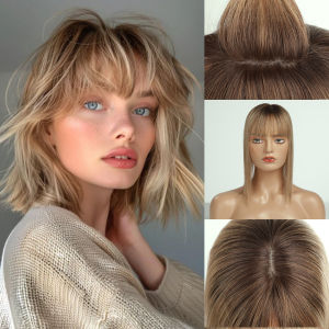 Mái Tóc Giả Ombre Nâu Tự Nhiên 10 Inch Đế Lụa Có Ba Kẹp Dành Cho Nữ Có Mái.