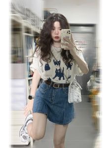 Váy Mini Denim Cạp Cao Thon Gọn Phong Cách Retro American Hot Bé Gái Mùa Hè Cỡ Lớn Váy Midi Chữ a Màu Trơn Chất Liệu Khác