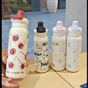 แก้วเก็บความร้อนสำหรับเด็กแบบใหม่สำหรับไปโรงเรียน แก้วน้ำคู่ลายการ์ตูนน่ารักสำหรับนักเรียน พกพาสะดวก แก้วสแตนเลส 316