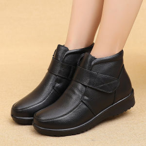 DTNOW Womens Ladies Female Genuine Leather Ankle Shoes Platform Boots Winter Fur Plush Round Toe Non Slip Hook Loop