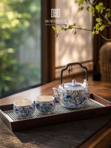 mornenjoy | Elegant Silver and Blue Porcelain Tea Set