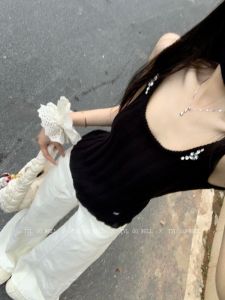 เสื้อกั๊กสายเดี่ยวคอวีสีดำ ทรงเข้ารูป สำหรับผู้หญิง ฤดูร้อน 2025 ใหม่ หวานและเผ็ดร้อน เสื้อชั้นใน เสื้อคลุม เสื้อผ้าทำงาน