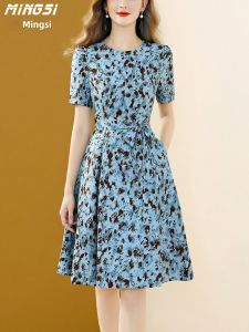 MINGSI | Elegant Slim Fit Shorter Women Printed Tea Dress with Waist Tie