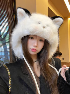 Cute Cartoon Cat Ear Plush Hat Womens Winter Thickened Warmth Protection Lei Feng Cap Sweet Style No Brim round Top Hat