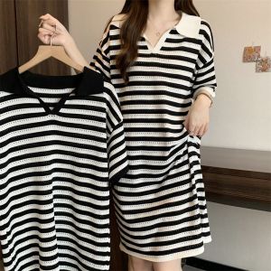 Summer Fashion Womens Midi Dress Slim Short Sleeve Polo Collared V Neck Retro Stripe Casual Long Pencil Dresses Knit Cotton Above Knee #1325