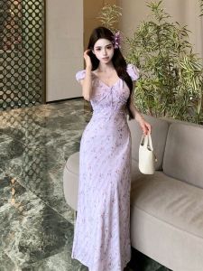 Váy Dài Tay Bồng Họa Tiết Hoa Cúc Bó Eo Phong Cách Pháp Mùa Hè Mới Cho Nữ Váy Dài Cổ Chữ V Váy Midi Chữ a