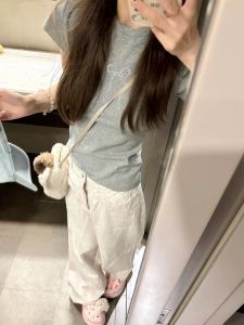 Chic Grey Butterfly Knot Short Sleeve T-Shirt Womens Summer Slim Fit Versatile Short Length Top Korean Style Creative Design