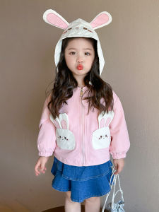 Spring Coat for Girls Cartoon Hooded Jacket Lightweight Windproof Polyester Fiber Soft Processing Korean Style Childrens Wear
