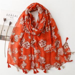 Lightweight Floral Cotton Linen Feel Fringed Scarf Shawl Fresh Bright Orange Red Spring Autumn Seasonal Accessories