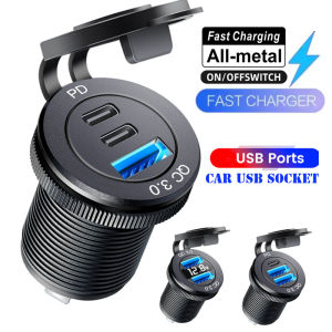 12V 24V USB Outlet PD Type C Car Charger Socket QC3.0 Dual Ports 54W USB C Triple 12V USB Socket Car Charger with LED
