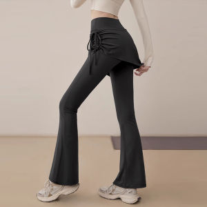 High Waist Leggings Womens Yoga Pants Tight Micro Flare Squat Proof Stomach Control Four Way Stretch Exercise Fitness Skirt Pants Fake TwoPCS Pilates Training