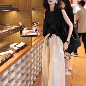 MK Summer Fashion Hong Kong Style Loose Lazy Sleeveless Womens Striped Elastic Waist Wide Leg Pants Set Casual Chic