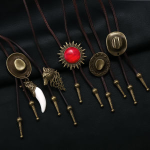 Brown PU Leather Carnival Jazz Hat Wheat Ear Hat Western Cowboy Rodeo Bolo Tie Necklace Halloween Costume Accessories Jewelry