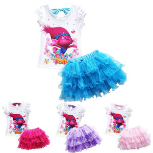 {Sweet Baby} Girl Trolls Clothing Sets Short Sleeve T-shirt + Short Skirt Cartoon Print 2PCS Skirt Suit Summer Clothes Cotton 3-14 Years