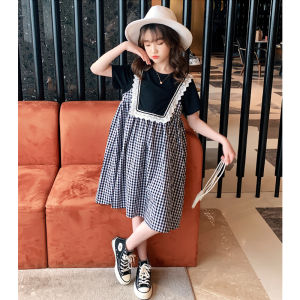 Summer Plaid Princess Dress for Girls Mid-Tall Children French Country Fresh Style Cotton Polyester Fiber A-Line Skirt