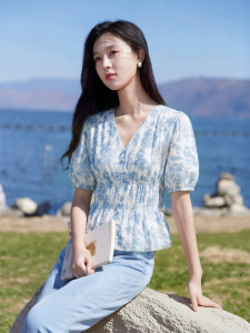 XIANGYING | Embroidered French Style V-Neck Waist Cinched Short Sleeve Shirt