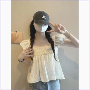 Sweet Design Sense Lace Patchwork Miniature Doll Shirt Womens Fashion Spring Summer New Style Short Sleeve Square Collar Top