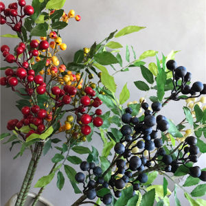 กิ่งดอกไม้ปลอมบลูเบอร์รี่ ผลไม้ปลอม เมล็ดแดง ดอกไม้ปลอม ดอกไม้ซิลค์จําลองสําหรับตกแต่งพื้น