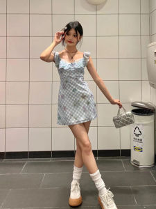 French Style Plaid Mini Dress Womens Summer New Waist-Cinching Strapless Dress Floral Print A-Line Skirt Short Length Dress