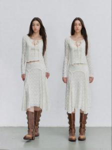 via pitti | Lace Texture Strappy Tank Tie Jacket Flared Skirt Outfit Set