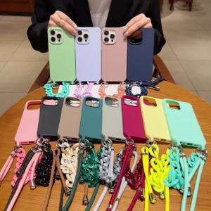 Crossbody Lanyard Cord Soft Acrylic Bracelet Case For iPhone 17 16 15 Pro Max 14 Plus 13 12 Liquid Silicone Shockproof Cover
