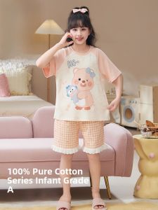 miiow | Pure Cotton Short Sleeve Sleepwear Set For Little Girls Summer New Style Cartoon Thin Home Clothes Catman Breathable Comfortable