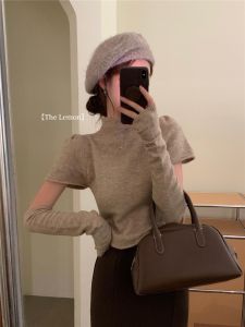 Pure Desire Style Knitted Sweater with Sleeve Covers Womens Slim Fit Half High Collar Short Top Hong Kong Style Autumn Fashion