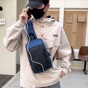 Ready Stock!! LEEFO Men Chest Bag USB Riding Bag Pu Leather Backpack Crossbody Bag Sling Shoulder Bag