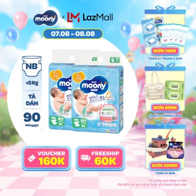 [20g 7-10.8 QUÀ TẶNG SLCH] Combo 2 tã dán cao cấp Moony Newborn 90 miếng - Nhập khẩu từ Nhật Bản