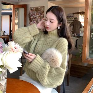 WANGGONGZHU | เสื้อสเวตเตอร์ถักคอสูงแบบหนาสำหรับผู้หญิง ฤดูใบไม้ร่วง/ฤดูหนาว เสื้อชั้นในแฟชั่นย้อนยุค สวมใส่สบาย อบอุ่น แขนยาว ปกติ