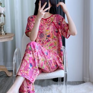 New Chinese Style Loose Fit Short Sleeve Cotton Silk Sleepwear Set for Women Thin Lightweight Artificial Cotton Home Clothes