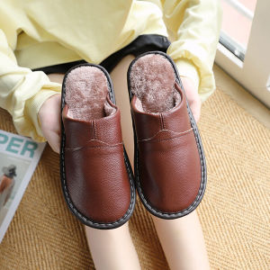 Genuine Leather Cotton Slippers Mens Winter Home Indoor Waterproof Non Slip Couple Fleece-Lined Heattech Pure Cowhide Slippers Women For Home