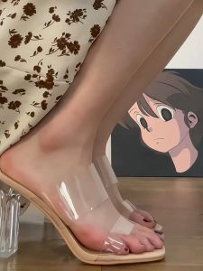 Womens Summer Fashion Sandals Transparent Crystals Thick Heel High Heels Slip-On Shoes Outdoor Wear PVC Leather Sheepskin