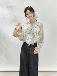 OUYANGXI | Áo Blouse Phong Cách Pháp Có Nơ Ruffle Chấm Bi Cho Mùa Xuân