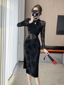 New Chinese Style Retro Velvet Improved Cheongsam Dress Womens Autumn Winter New Elegant High-End Feeling Girl Slit Gown