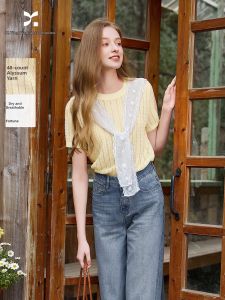 XIANGYING | Lace Shoulder Hollow Out Round Neck Short Sleeve Thin Blouse